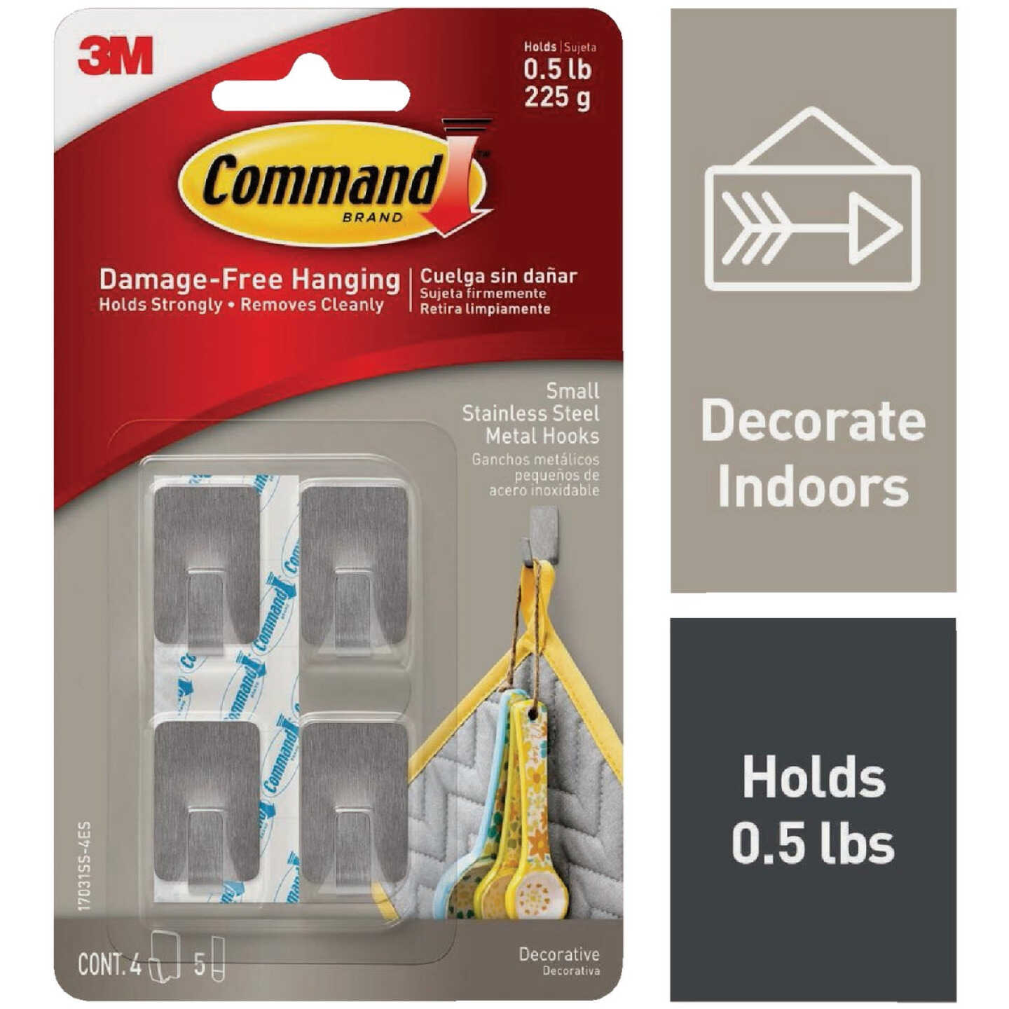 Command Small Stainless Steel Metal Hooks, 4 Hooks, 5 Strips Image 1