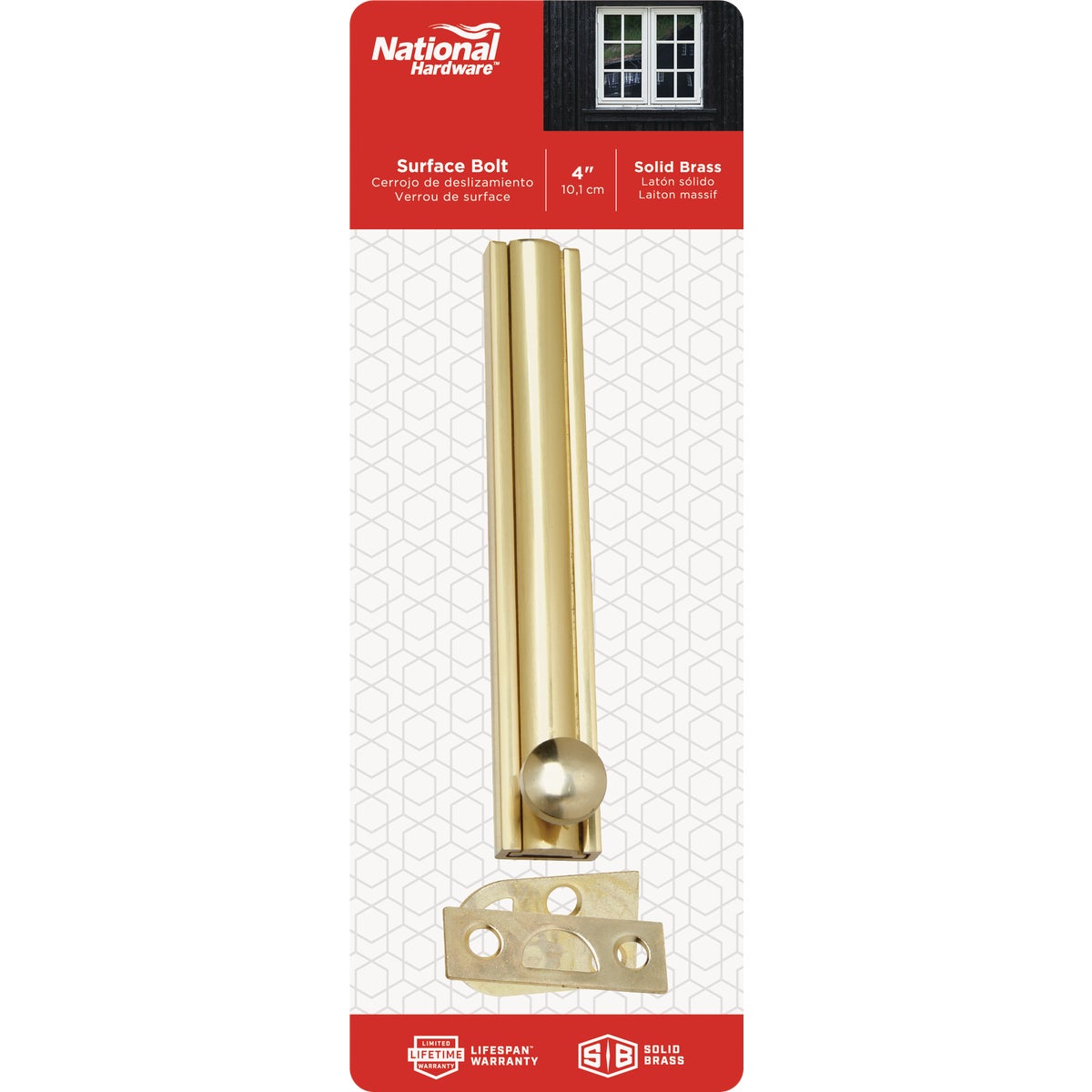 National Hardware Gallery Series 4 In. Polished Brass Door Surface Bolt Image 2