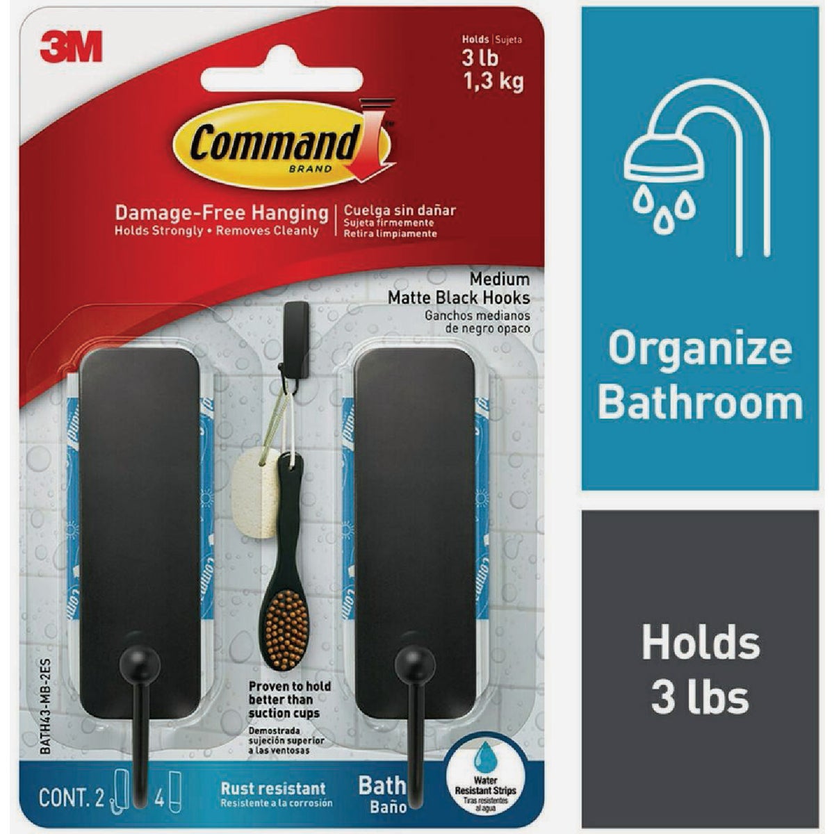Command Medium Bath Hooks, Matte Black, 2 Hooks, 4 Strips Image 1