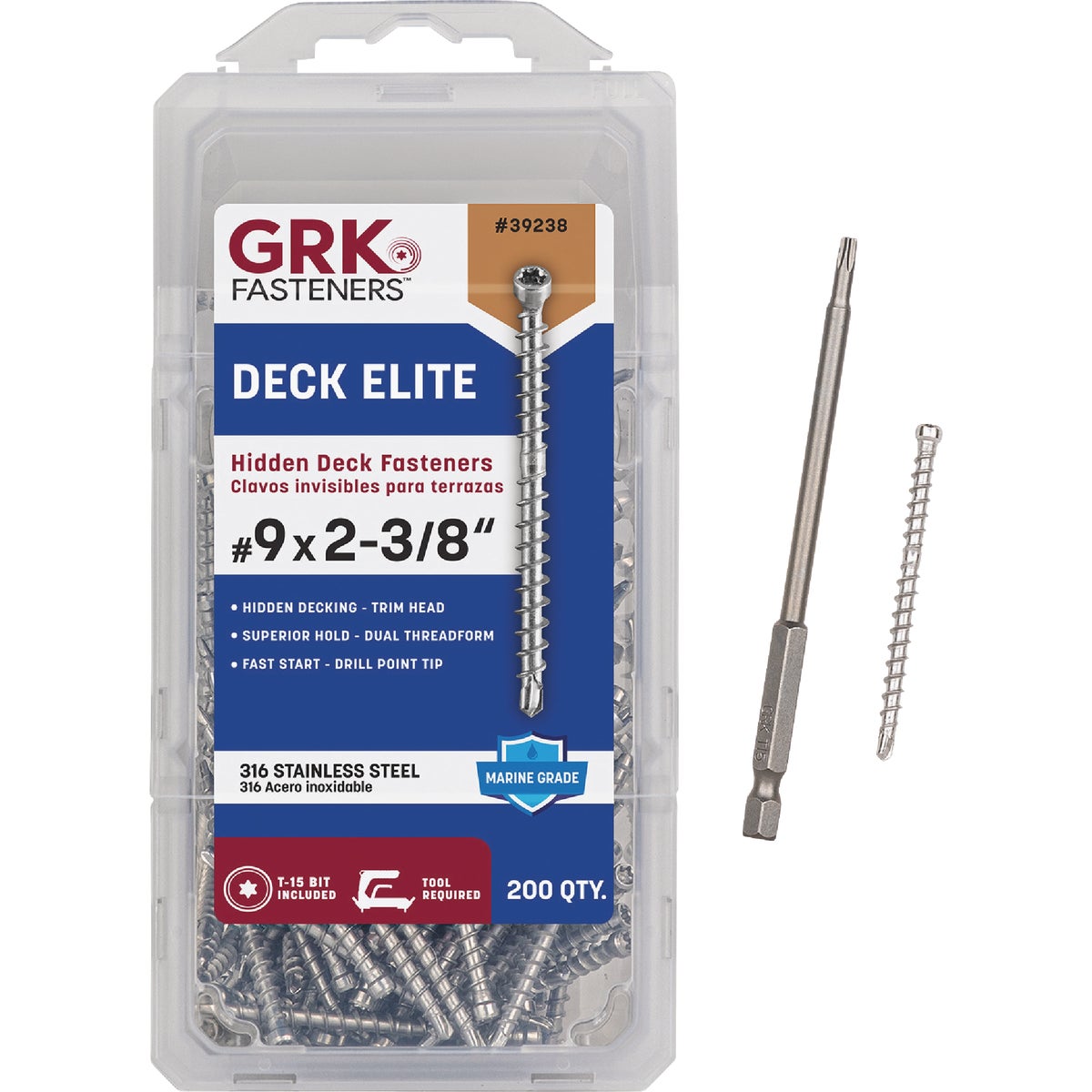 GRK Deck Elite #9 x 2-3/8 In. Star Drive Bugle-Head Stainless Steel Hidden Fastener Deck Screw (200 Ct.) Image 1