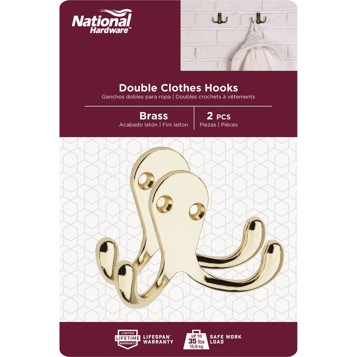 National Hardware Brass Double Clothes Hook (2-Pack) Image 2