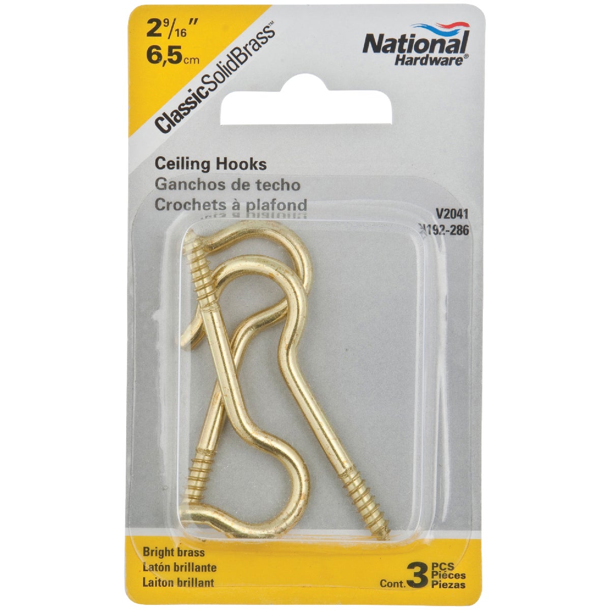 National Hardware #8 Solid Brass Ceiling Hook (3-Pack)