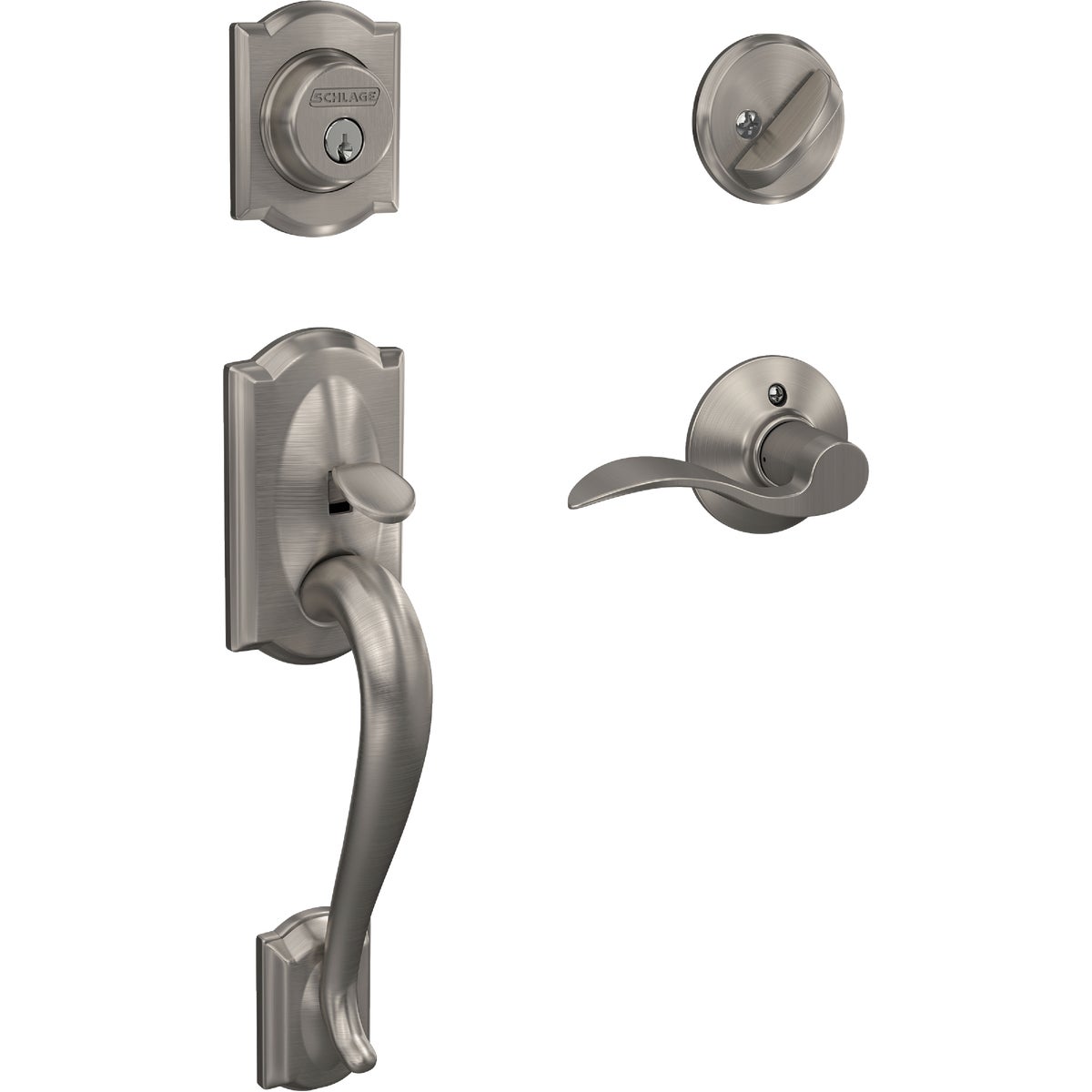 Schlage Camelot Satin Nickel Handleset with Single Cylinder Deadbolt & Accent Lever, Left Handed