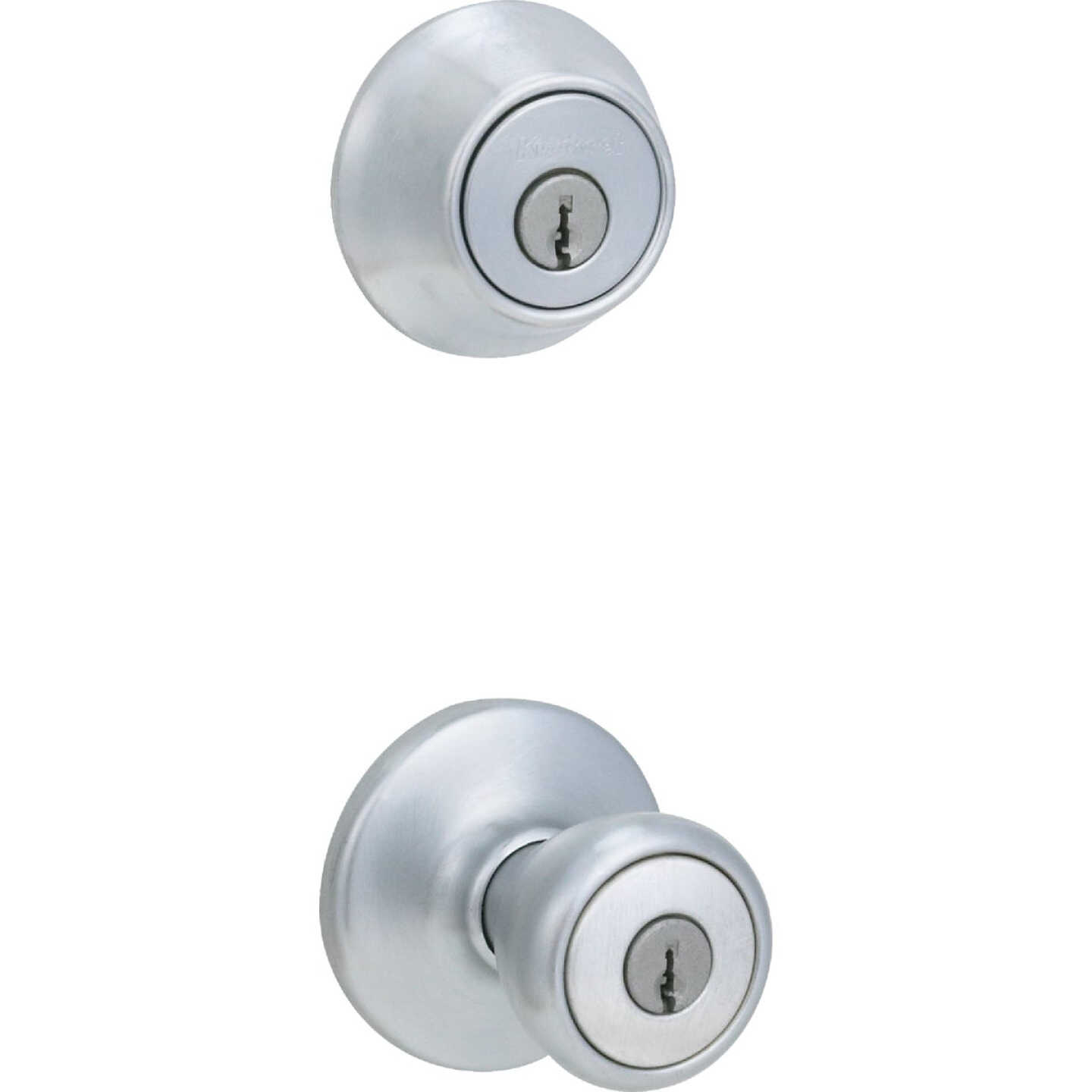 Kwikset Satin Chrome Deadbolt and Door Knob Combo Image 1