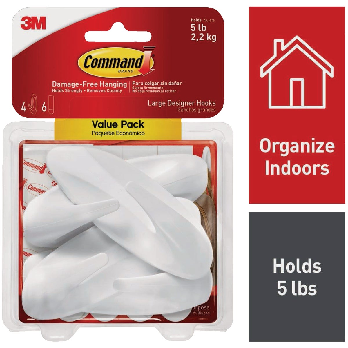 Command Large Designer Hook Value Pack, White, 4 Hooks, 8 Strips