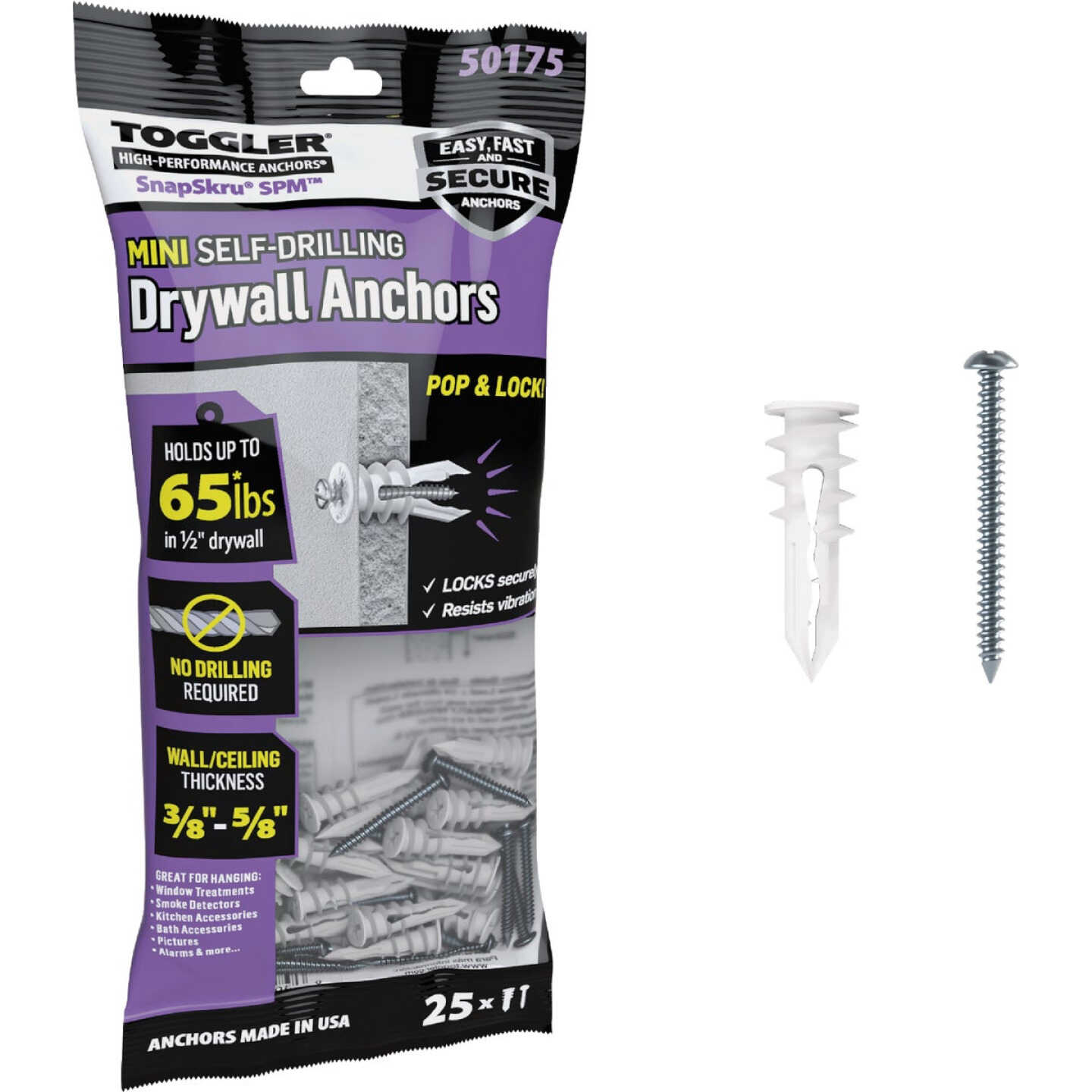 Toggler SnapSkru #6 x 1-1/4 In. 65 Lb. Nylon Self-Drilling Mini Drywall Anchor (25-Count) Image 1