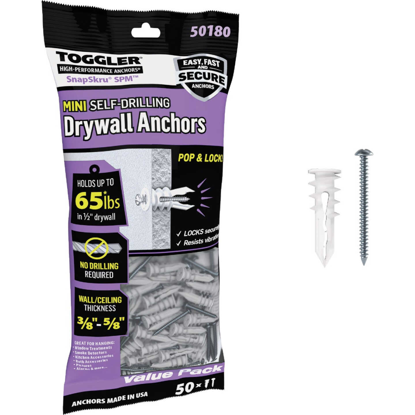 Toggler SnapSkru #6 x 1-1/4 In. 65 Lb. Nylon Self-Drilling Mini Drywall Anchor (50-Count) Image 1