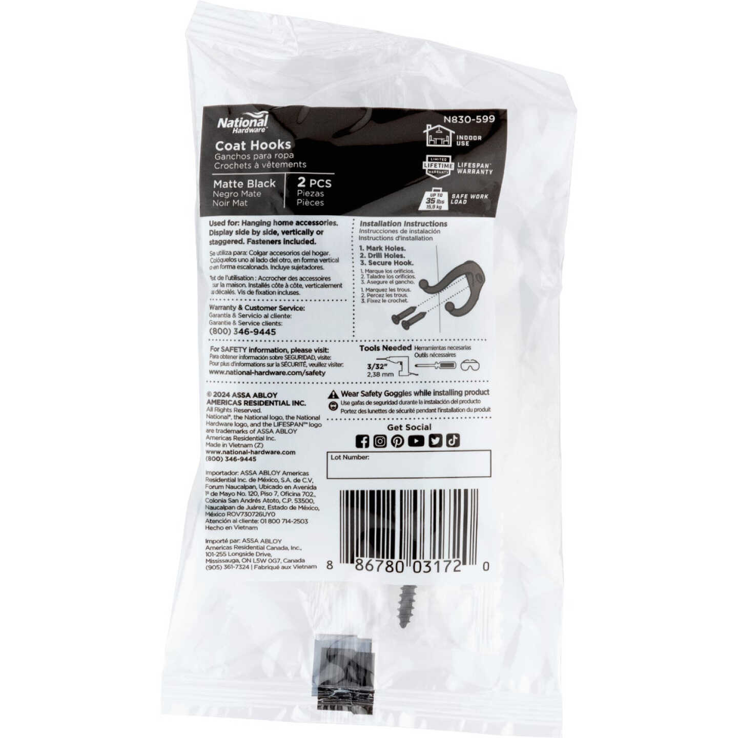 National Hardware Matte Black Coat Hook (2-Pack Bagged) Image 2