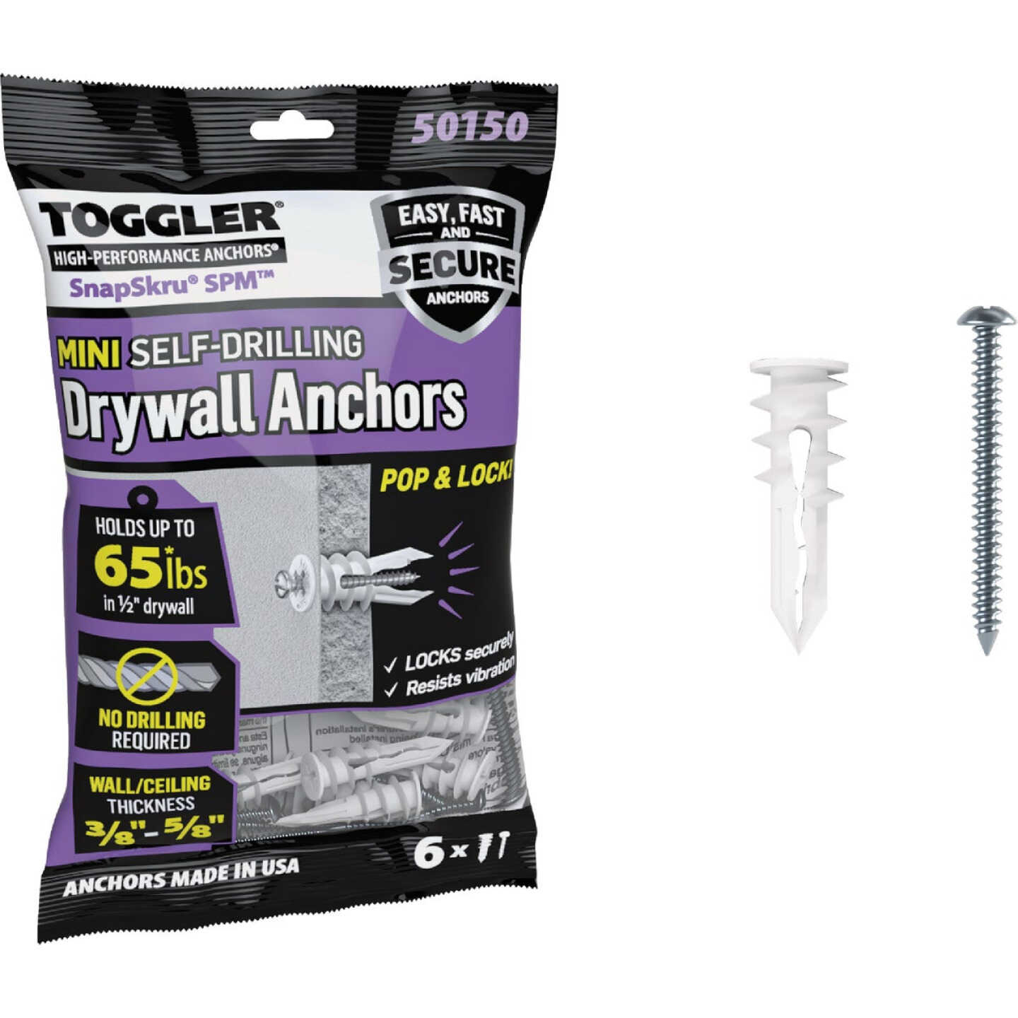 Toggler SnapSkru #6 x 1-1/4 In. 65 Lb. Nylon Self-Drilling Mini Drywall Anchor (65-Count) Image 1