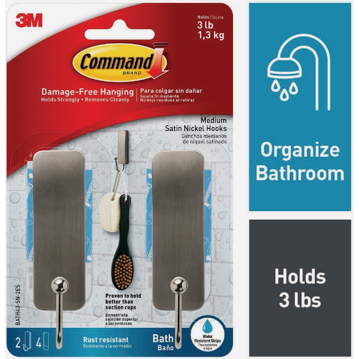 Command Medium Bath Hooks, Satin Nickel, 2 Hooks, 4 Strips Image 1