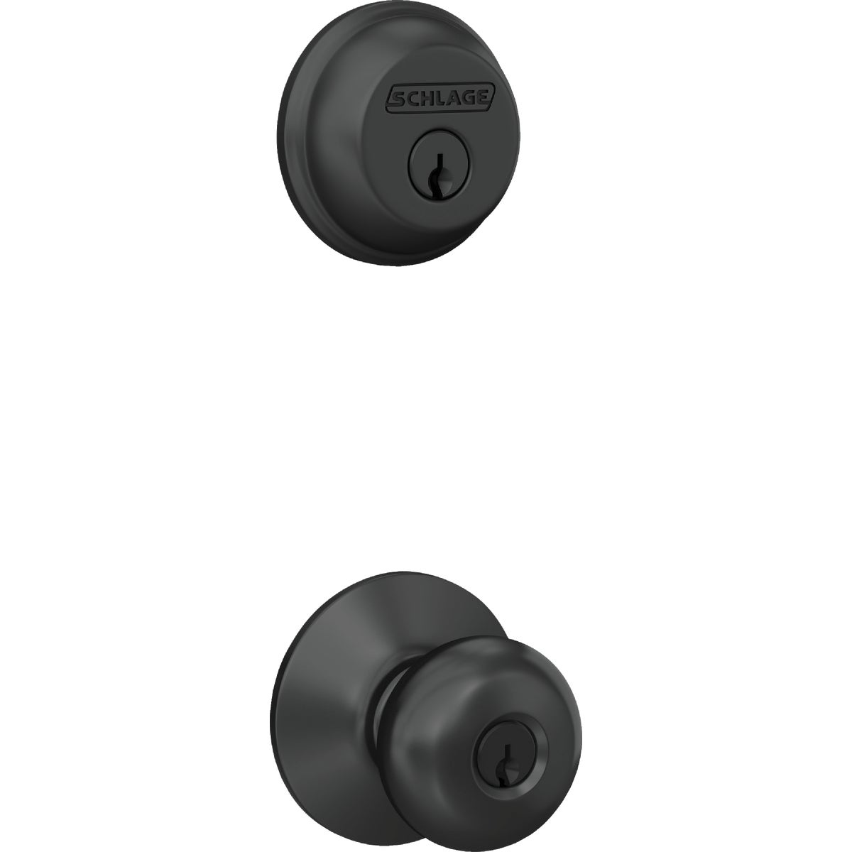 Schlage Matte Black Single Cylinder Deadbolt & Plymouth Keyed Entry Knob Image 1