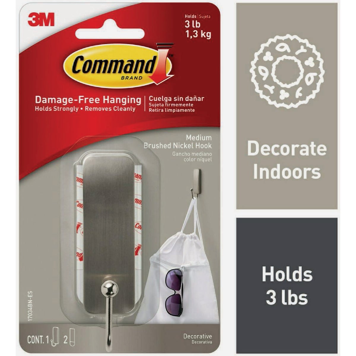 Command Medium Brushed Nickel Hook, 1 Hook, 2 Strips Image 2