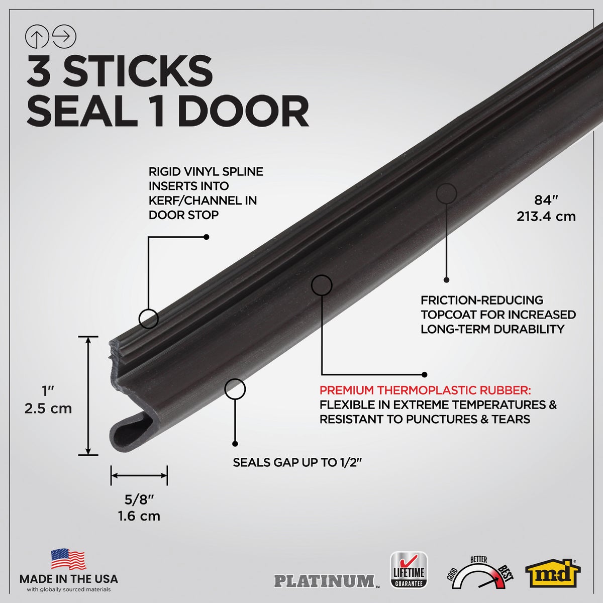 M-D Building Products 84 In. Premium Rubber PLATINUM Top and Sides Door Seal for Doors with Kerf/Channel, Brown Image 2