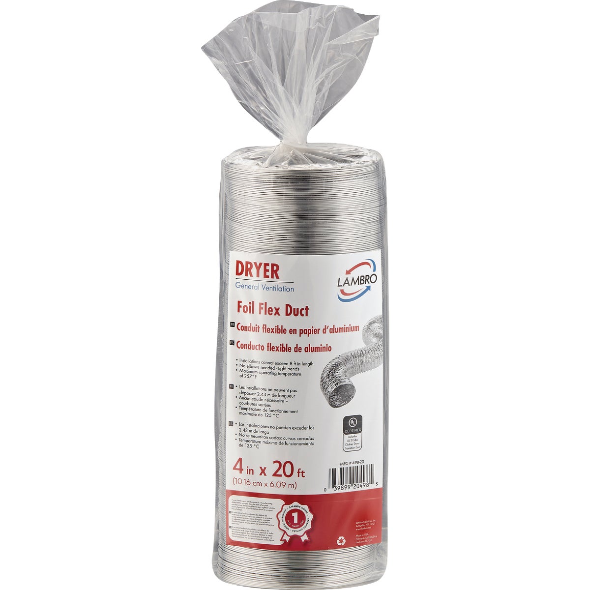 Lambro 4 In. x 20 Ft. Clothes Dryer Transition Foil Flex Duct Image 2