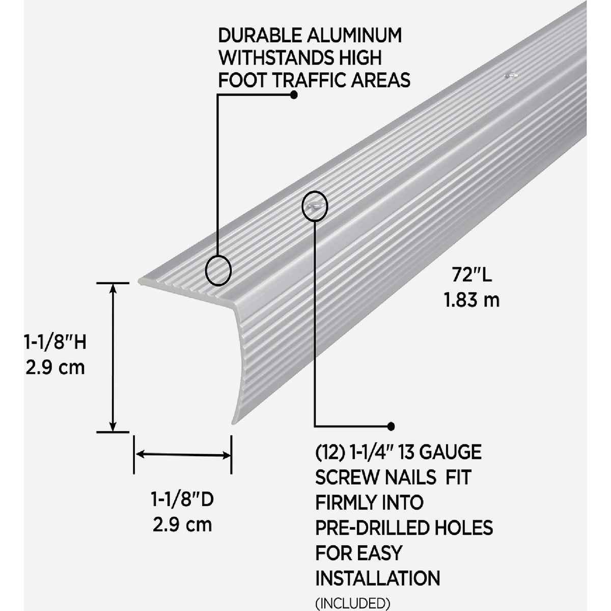 M-D Building Products 1-1/8 In. X 1-1/8 In. X 72 In. Silver Aluminum Stair Edging w/ Screw Nails Image 2