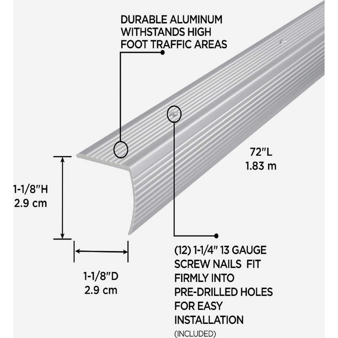 M-D Building Products 1-1/8 In. X 1-1/8 In. X 72 In. Silver Aluminum Stair Edging w/ Screw Nails Image 2