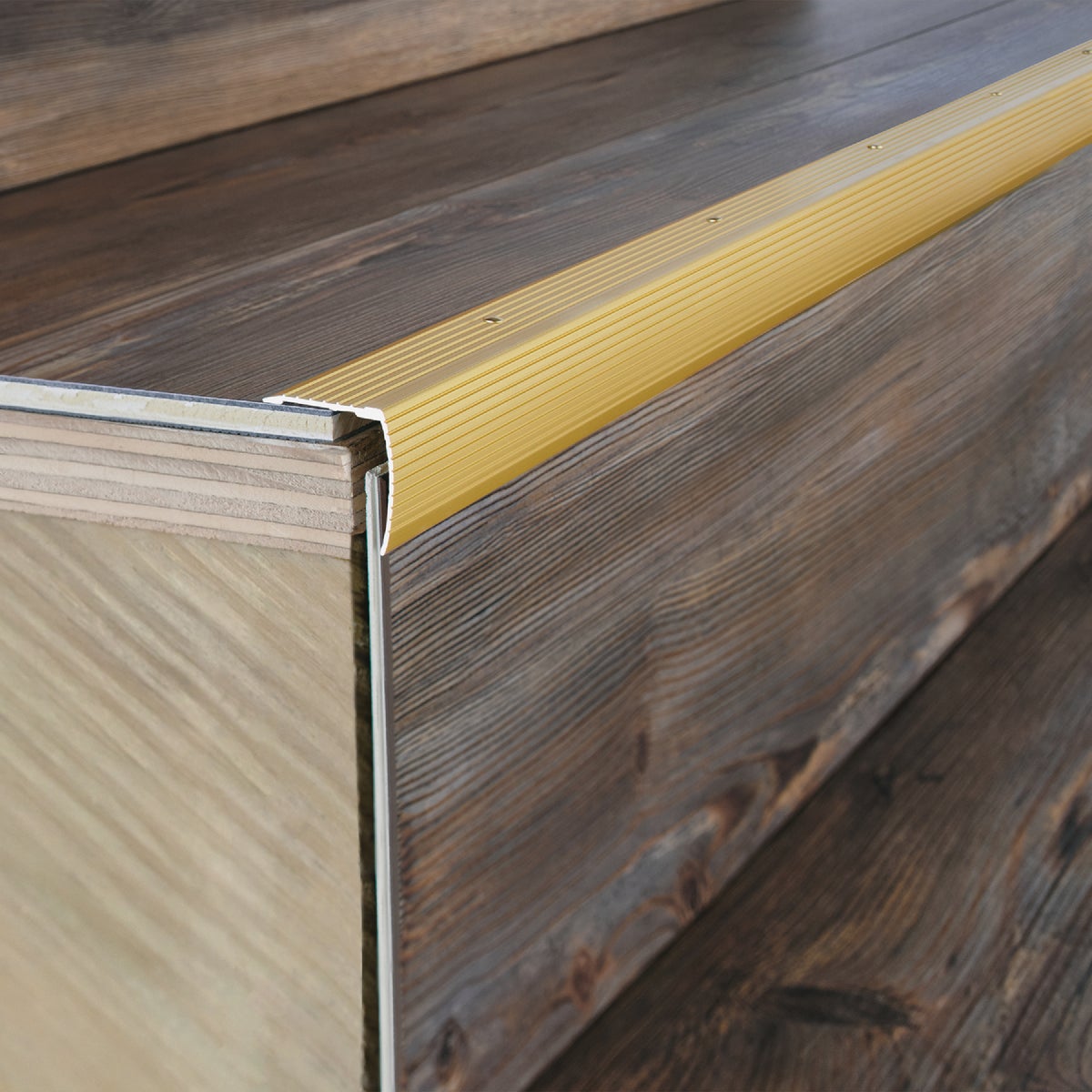 M-D Building Products 1-1/8 In. X 1-1/8 In. X 72 In. Satin Brass Aluminum Stair Edging w/ Screw Nails Image 3