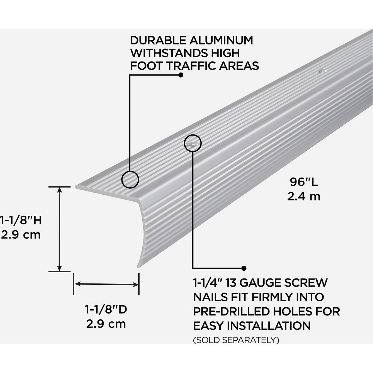 M-D Building Products 1-1/8 In. X 1-1/8 In. X 36 In. Silver Aluminum Stair Edging w/ Screw Nails Image 2