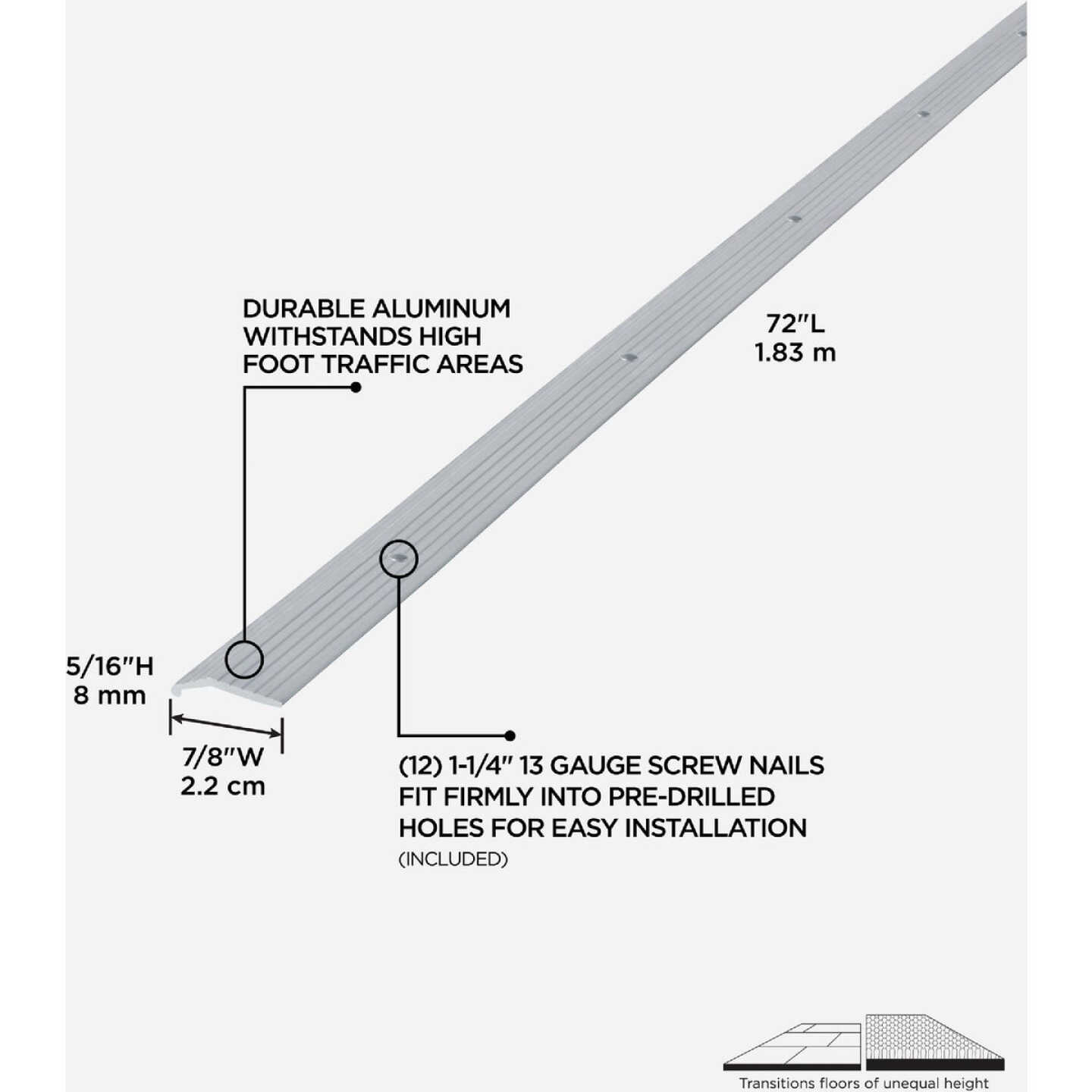 M-D Building Products 7/8 In. X 72 In. Silver Aluminum Carpet Trim with Screw Nails Image 2