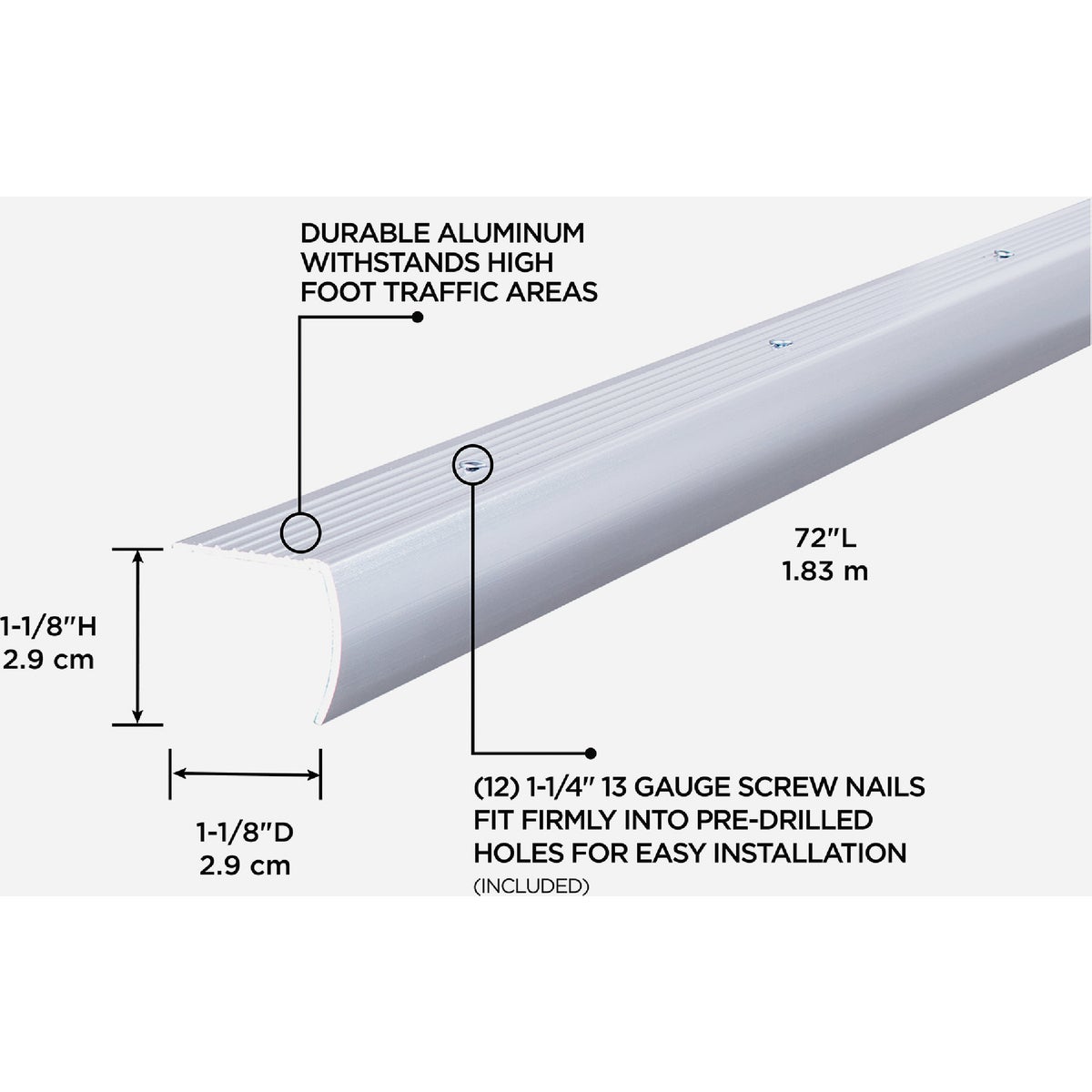M-D Building Products 1-1/8 In. X 1-1/8 In. X 72 In. Polished Aluminum Stair Edging w/ Screw Nails Image 2