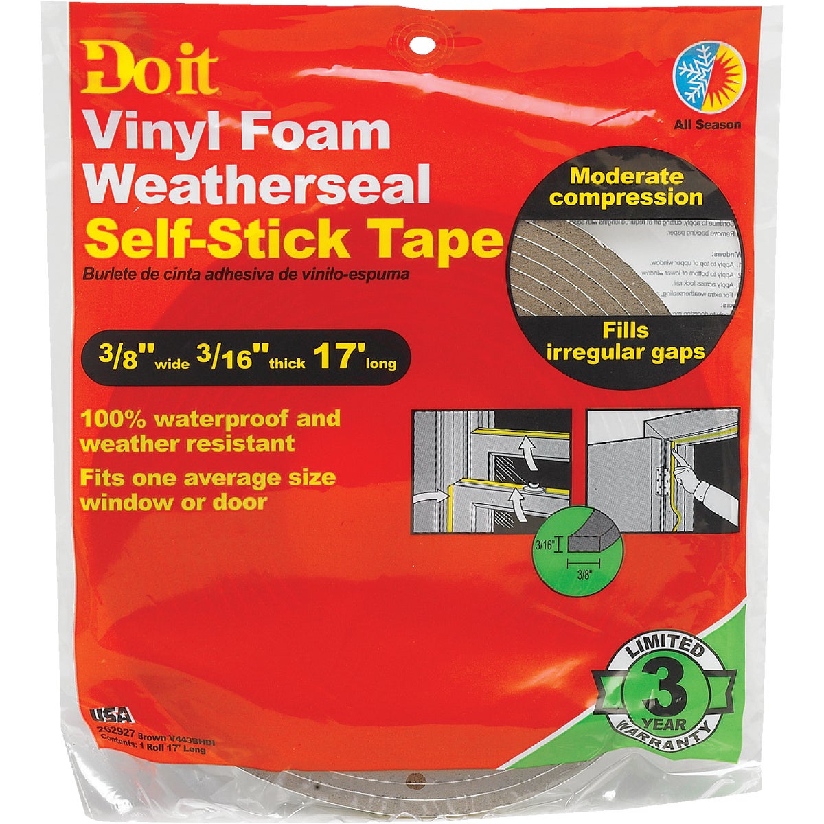 Do it 3/8 In. W x 3/16 In. T x 17 Ft. L Brown Vinyl Foam Weatherstrip Tape Image 2