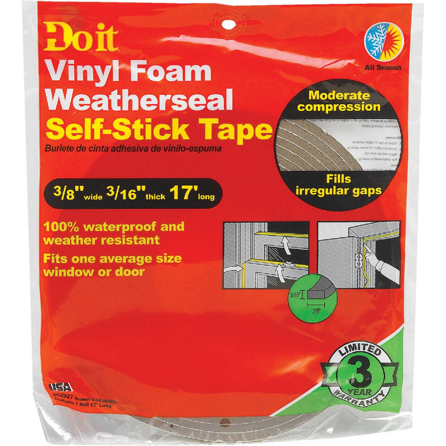 Do it 3/8 In. W x 3/16 In. T x 17 Ft. L Brown Vinyl Foam Weatherstrip Tape Image 2