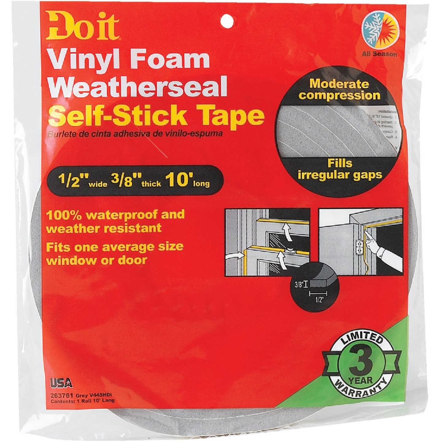 Do it 1/2 In. W x 3/8 In. T x 10 Ft. L Gray Vinyl Foam Weatherstrip Tape Image 2