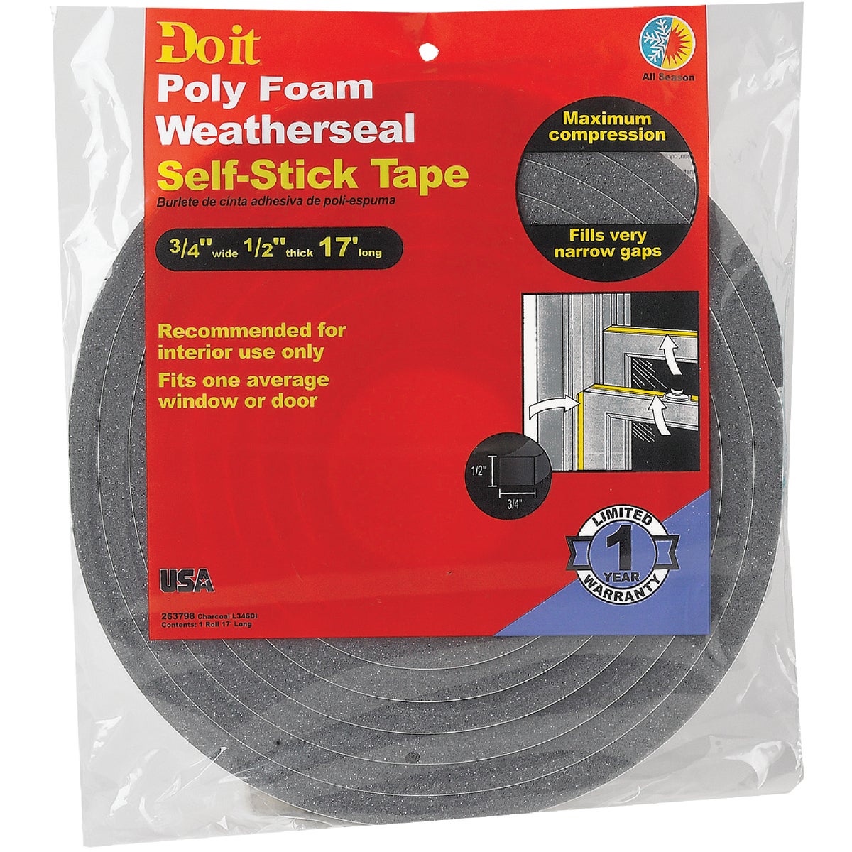 Do it 3/4 In. W x 1/2 In. T x 17 Ft. L Charcoal Poly Foam Weatherstrip Tape Image 2