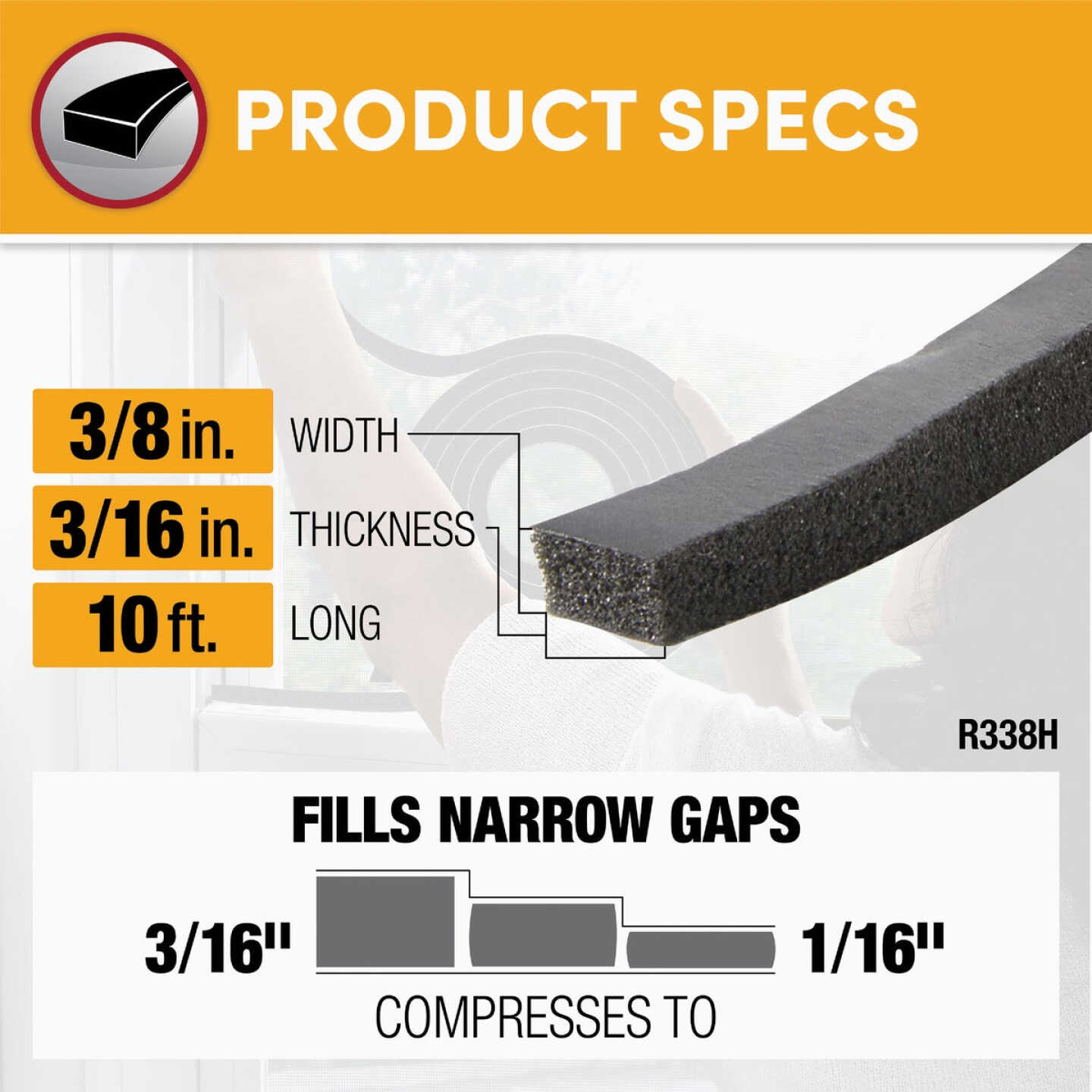 Frost King 3/8 In. Wide x 3/16 In. Thick x 10 Ft. Long Black Rubber Foam Weatherstrip Tape Image 3