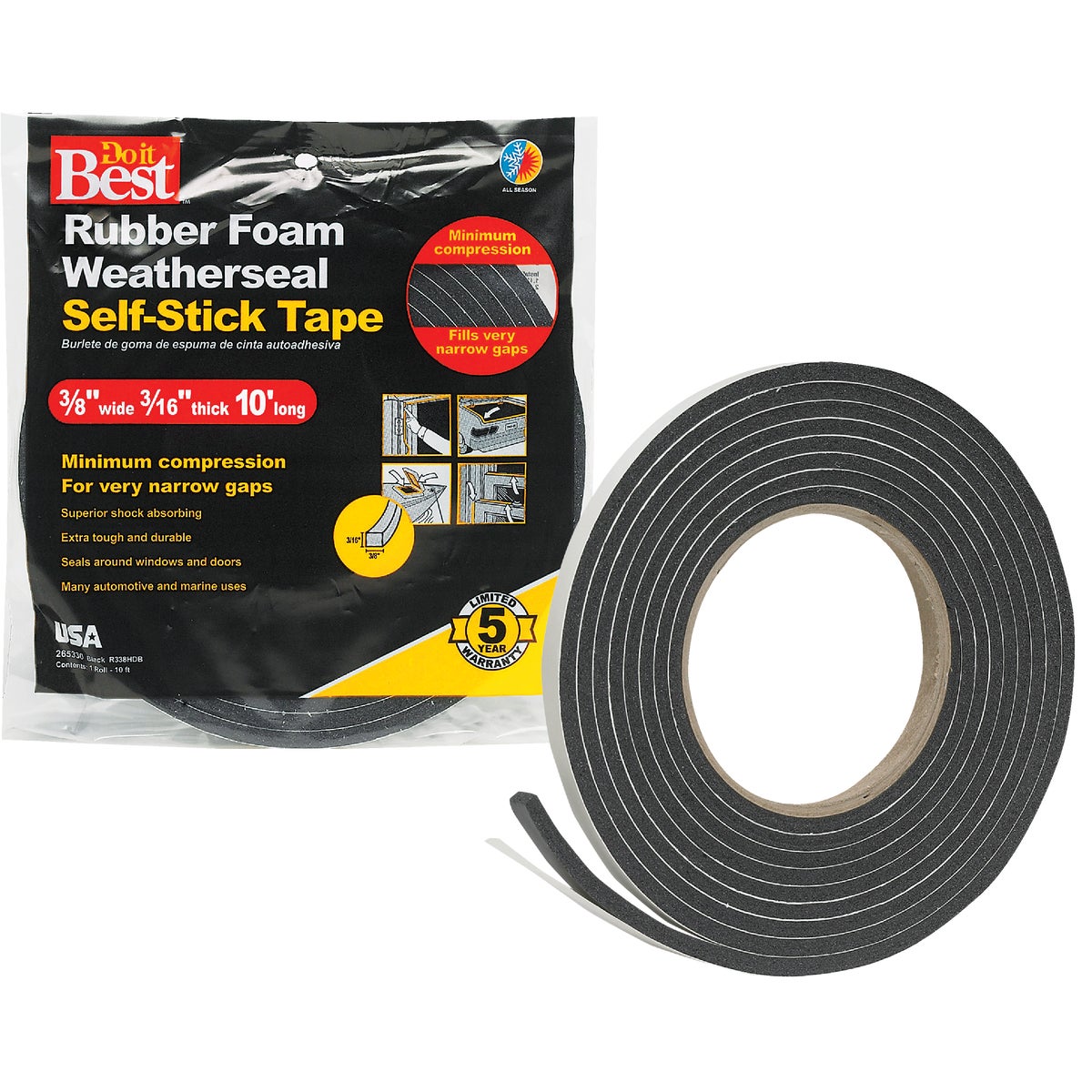 Do it Best 3/8 In. x W 3/16 In. T x 10 Ft. L Black Rubber Foam Weatherstrip Tape