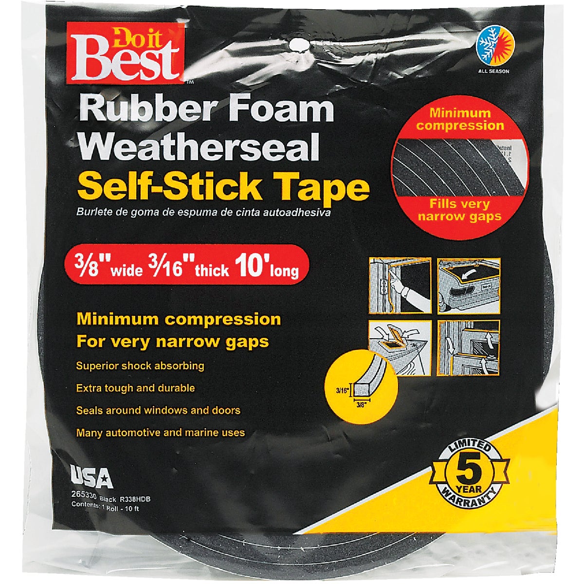 Do it Best 3/8 In. x W 3/16 In. T x 10 Ft. L Black Rubber Foam Weatherstrip Tape Image 2