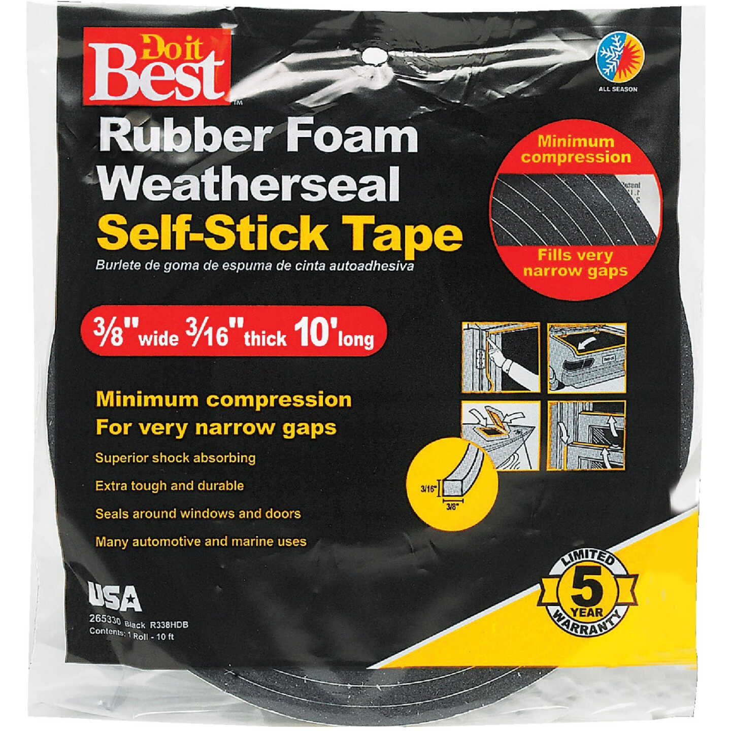 Do it Best 3/8 In. x W 3/16 In. T x 10 Ft. L Black Rubber Foam Weatherstrip Tape Image 2