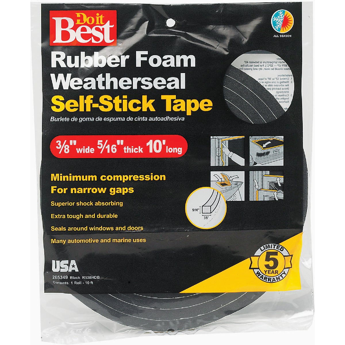 Do it Best 3/8 In. x 5/15 In. T x 10 Ft. L Black Rubber Foam Weatherstrip Tape Image 2