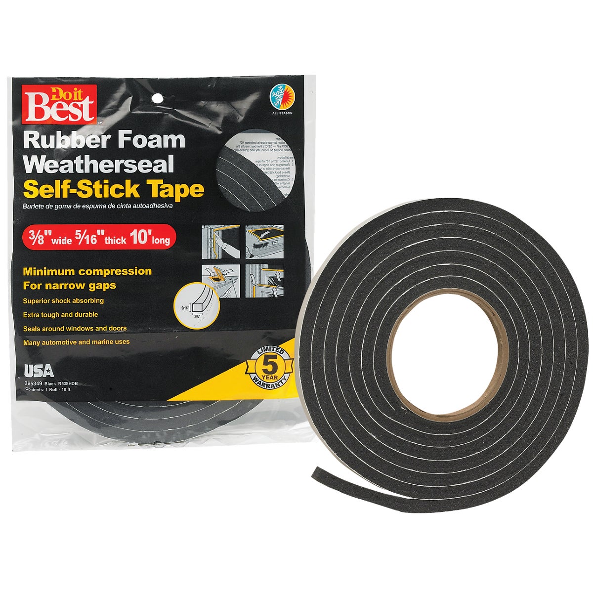 Do it Best 3/8 In. x 5/15 In. T x 10 Ft. L Black Rubber Foam Weatherstrip Tape