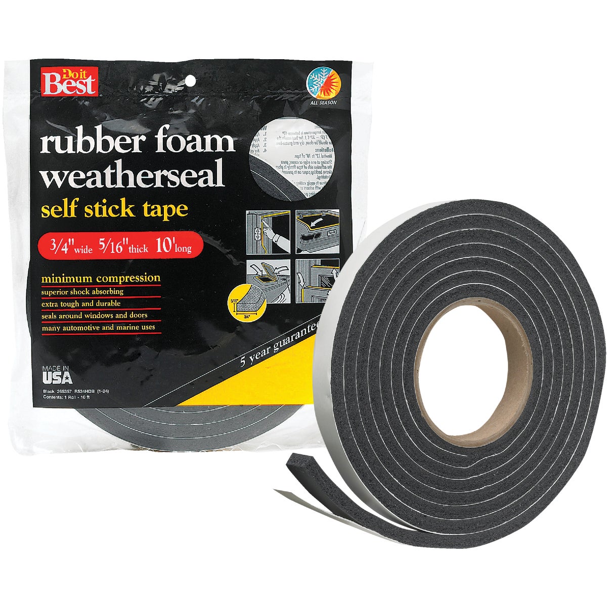 Do it Best 3/4 In. W x 5/16 In. T x 10 Ft. L Black Rubber Foam Weatherstrip Tape
