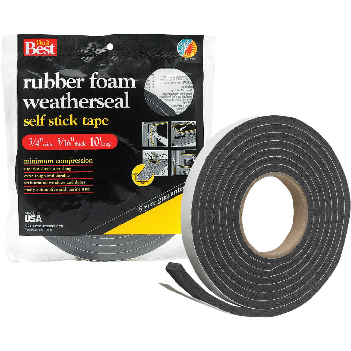 Do it Best 3/4 In. W x 5/16 In. T x 10 Ft. L Black Rubber Foam Weatherstrip Tape Image 1