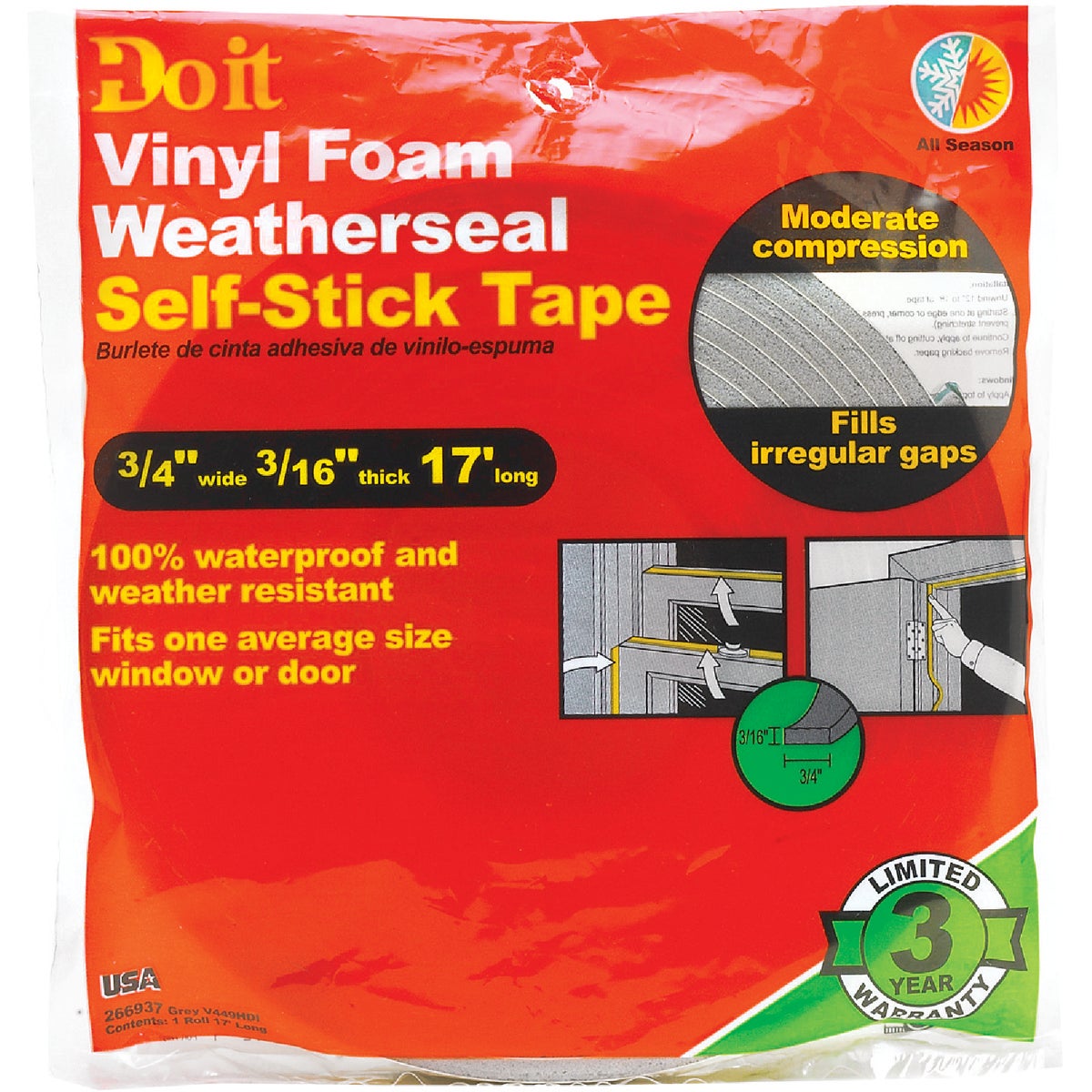 Do it 3/4 In. W x 3/16 In. T x 17 Ft. L Gray Vinyl Foam Weatherstrip Tape Image 2