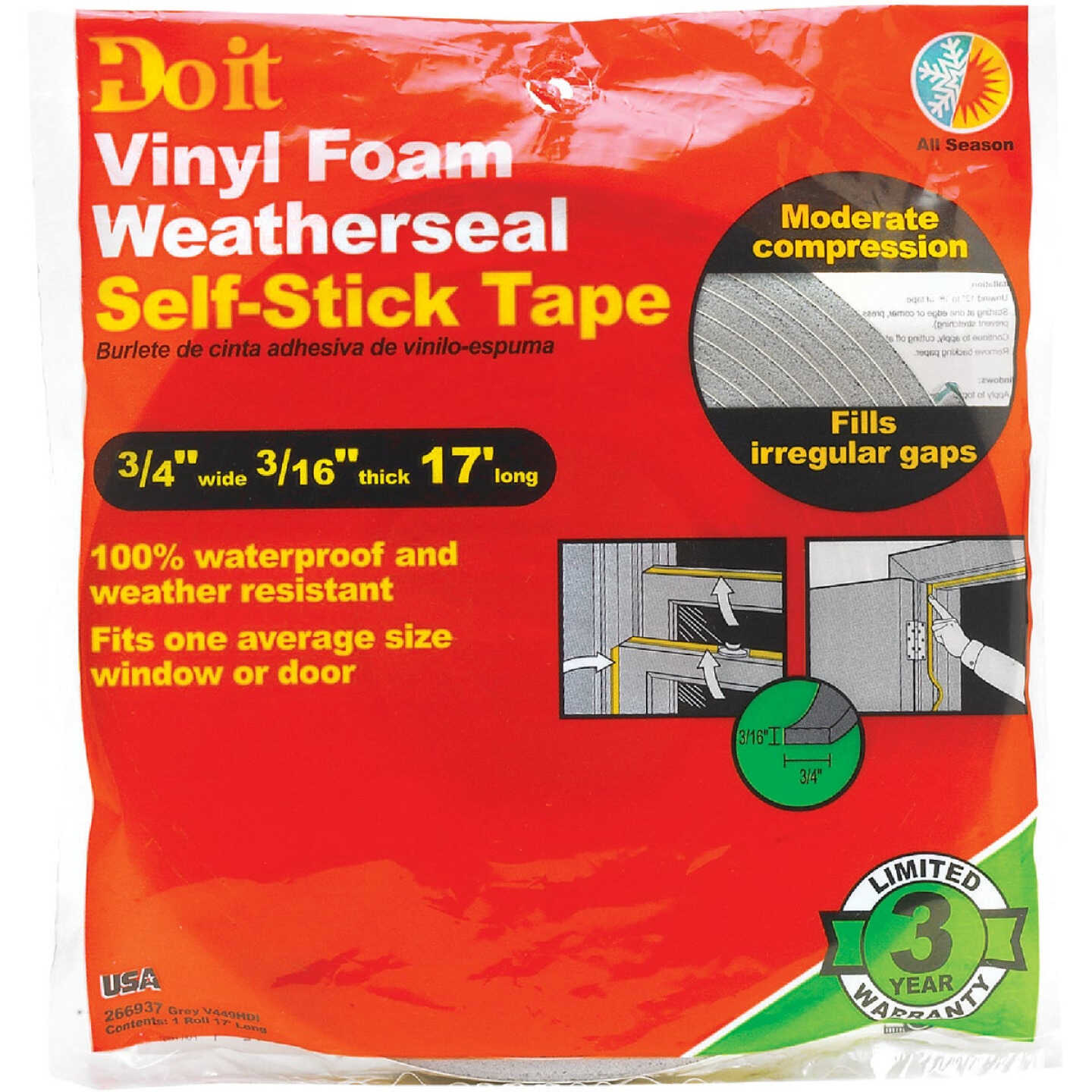 Do it 3/4 In. W x 3/16 In. T x 17 Ft. L Gray Vinyl Foam Weatherstrip Tape Image 2