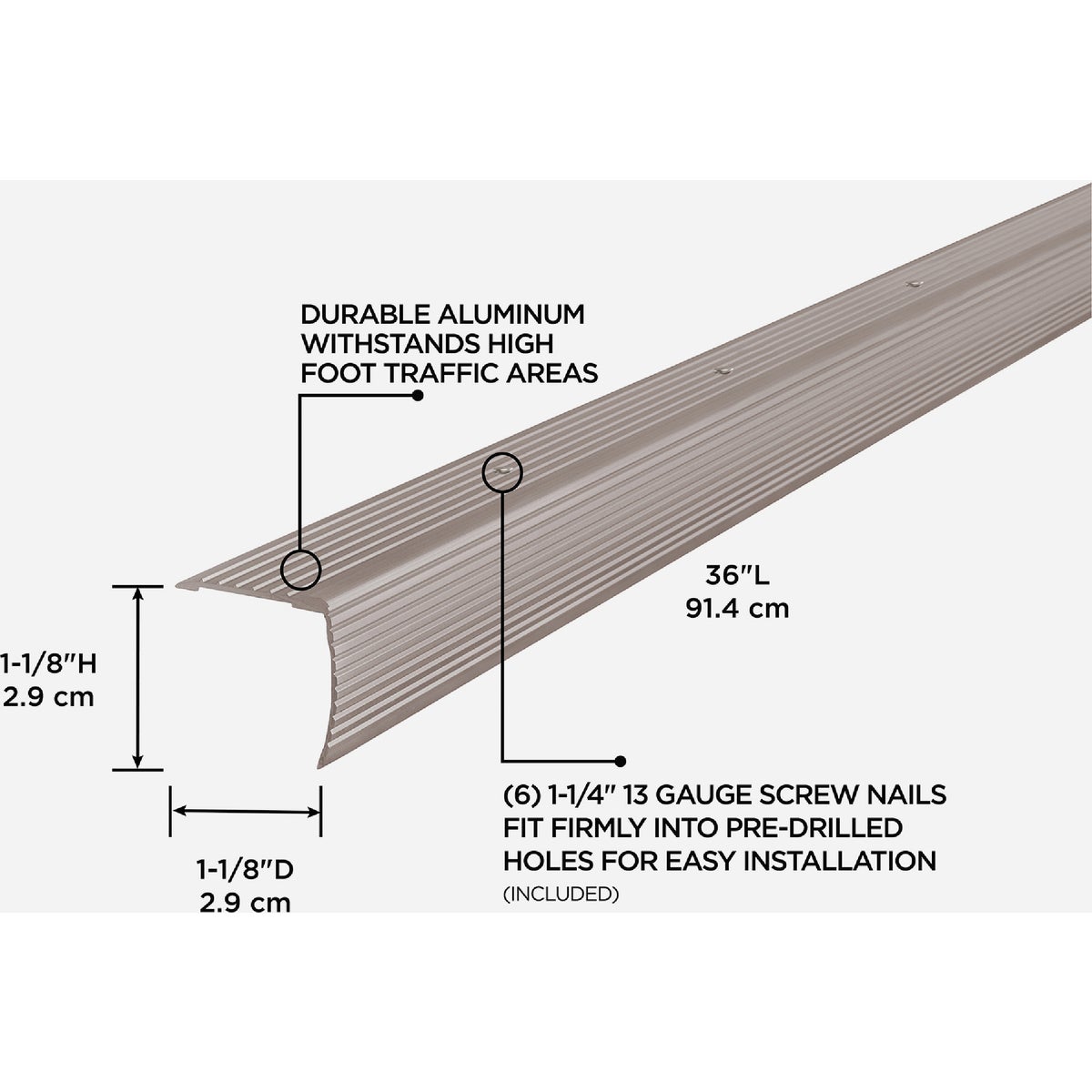 M-D Building Products 1-1/8 In. X 1-1/8 In. X 36 In. Pewter Aluminum Stair Edging w/ Screw Nails Image 2