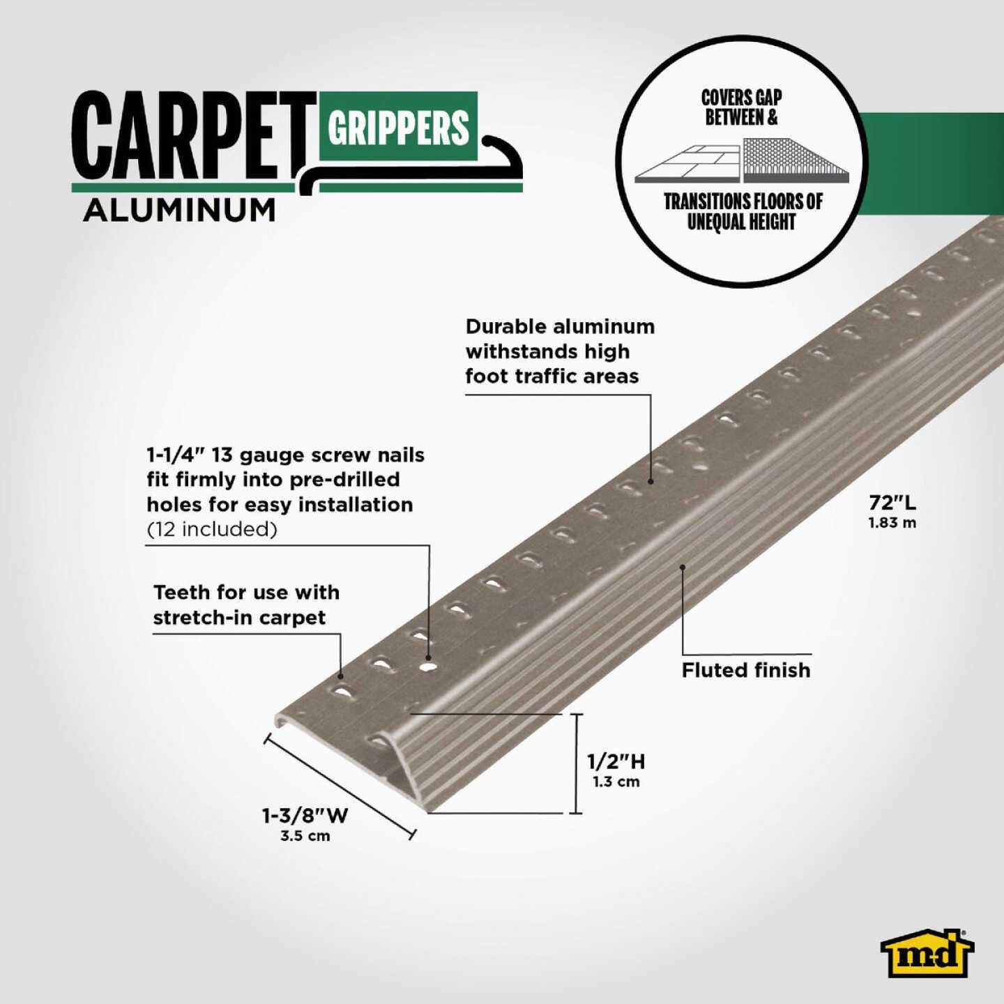 M-D Building Products Pewter 1-3/8 In. x 6 Ft. Aluminum Carpet Gripper Image 2