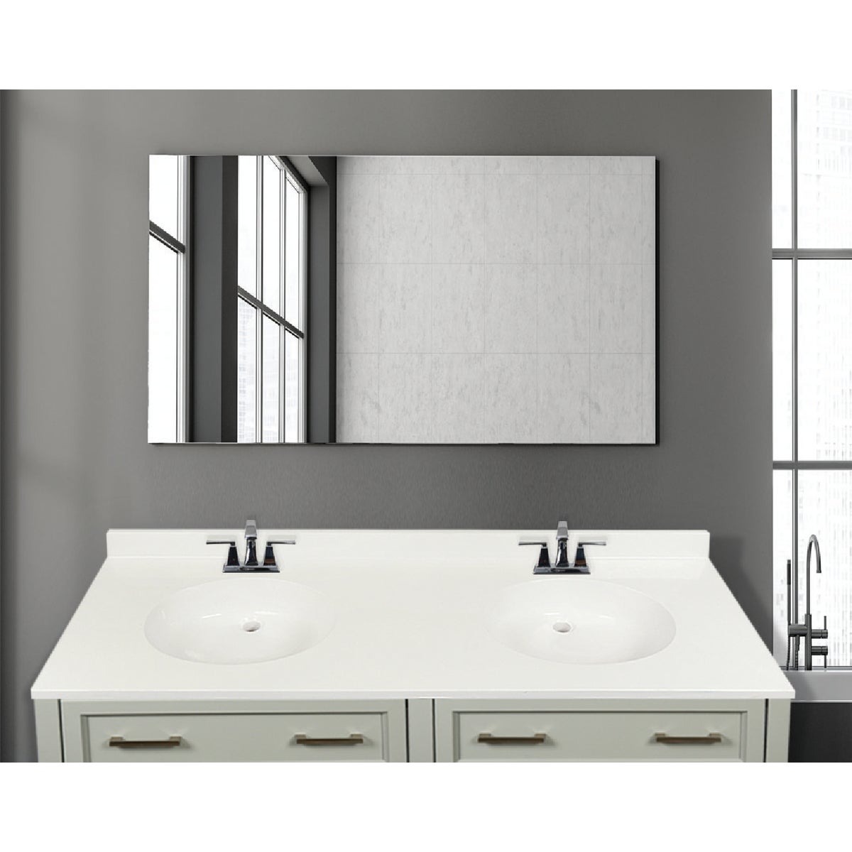 Modular Vanity Tops 61 In. W x 22 In. D Solid White Cultured Marble Flat Edge Double Sink Vanity Top with Oval Bowl Image 2