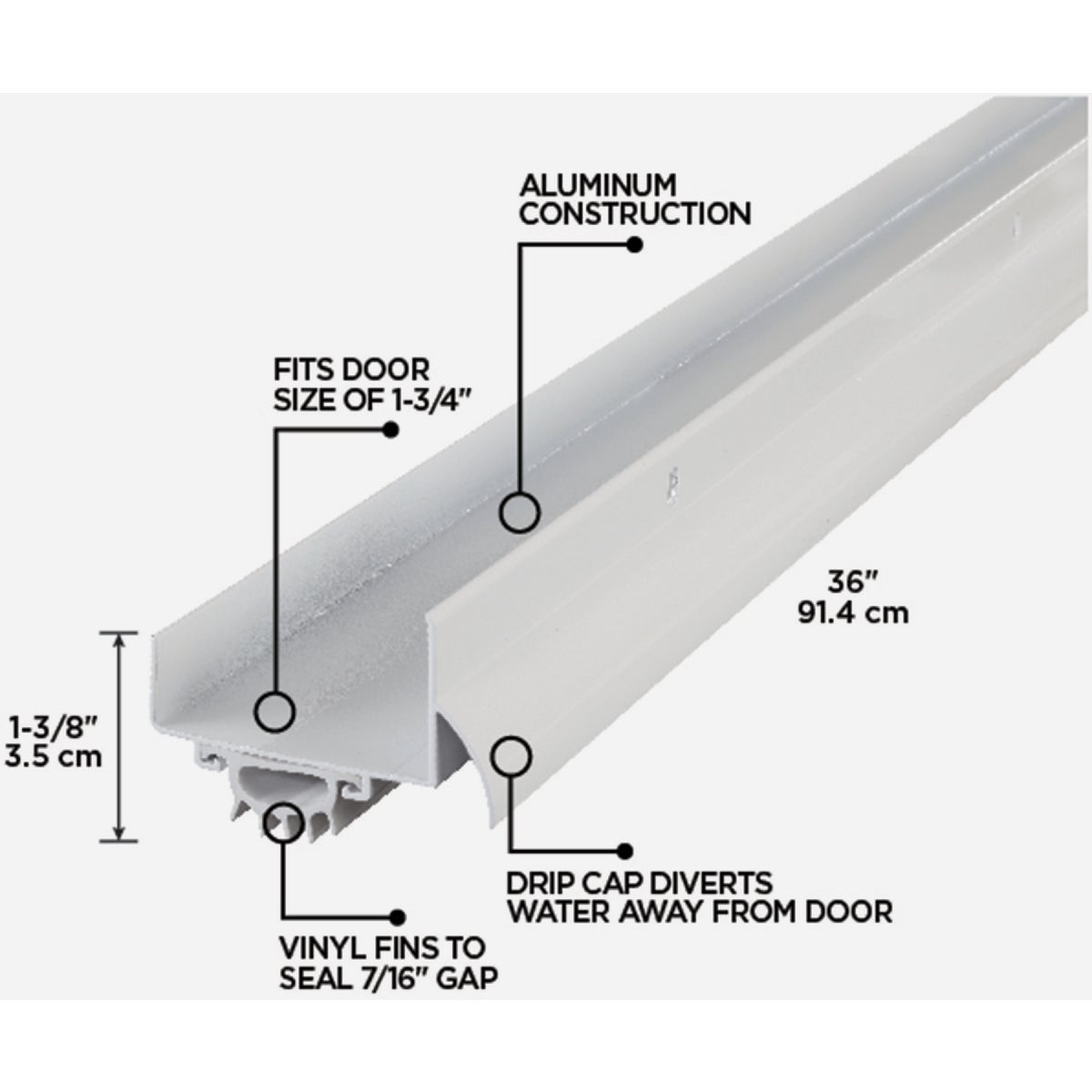 M-D Building Products 2.25 In. W. x 1.375 In. H. x 36 In. L. Aluminum White Door Bottom Image 2