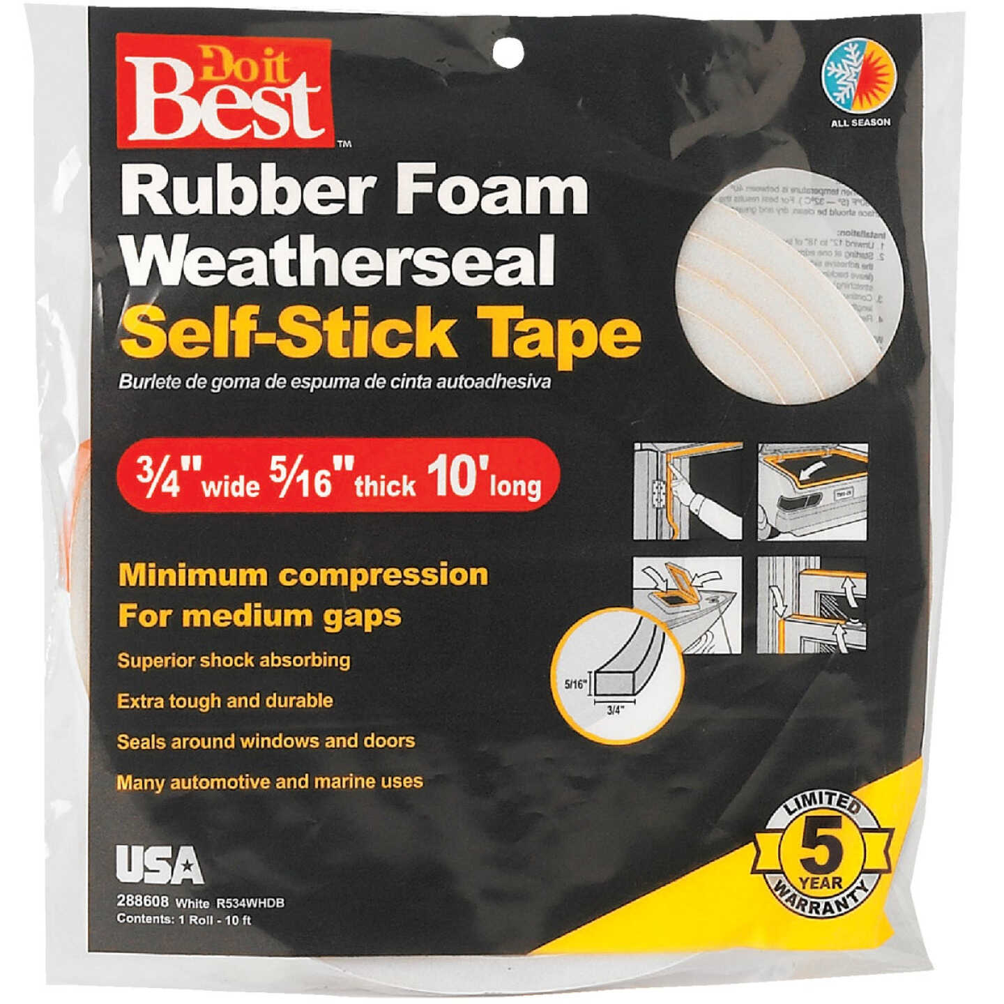 Do it Best 3/4 In. W x 5/16 In. T x 10 Ft. L White Rubber Foam Weatherstrip Tape Image 2