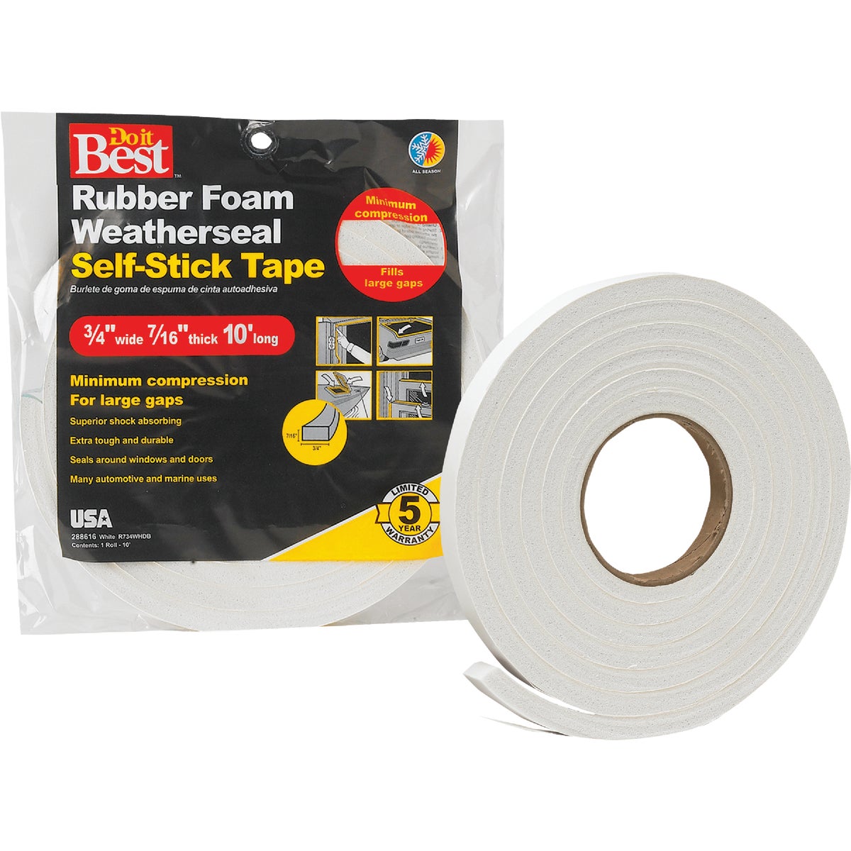 Do it Best 3/4 In. W x 7/16 In. T x 10 Ft. L White Rubber Foam Weatherstrip Tape