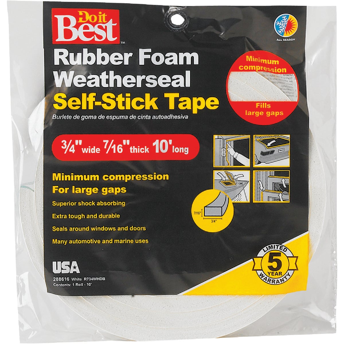 Do it Best 3/4 In. W x 7/16 In. T x 10 Ft. L White Rubber Foam Weatherstrip Tape Image 2