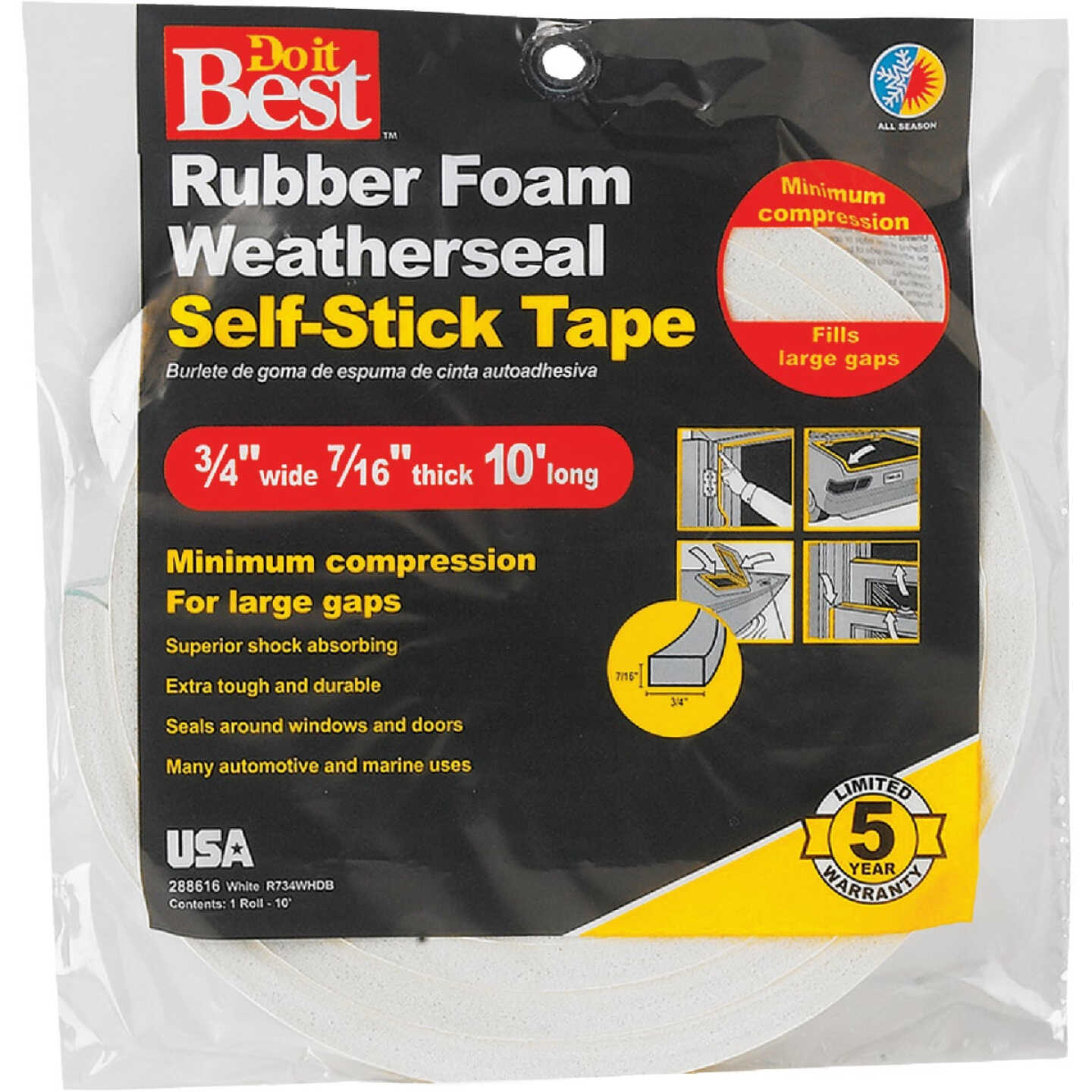 Do it Best 3/4 In. W x 7/16 In. T x 10 Ft. L White Rubber Foam Weatherstrip Tape Image 2