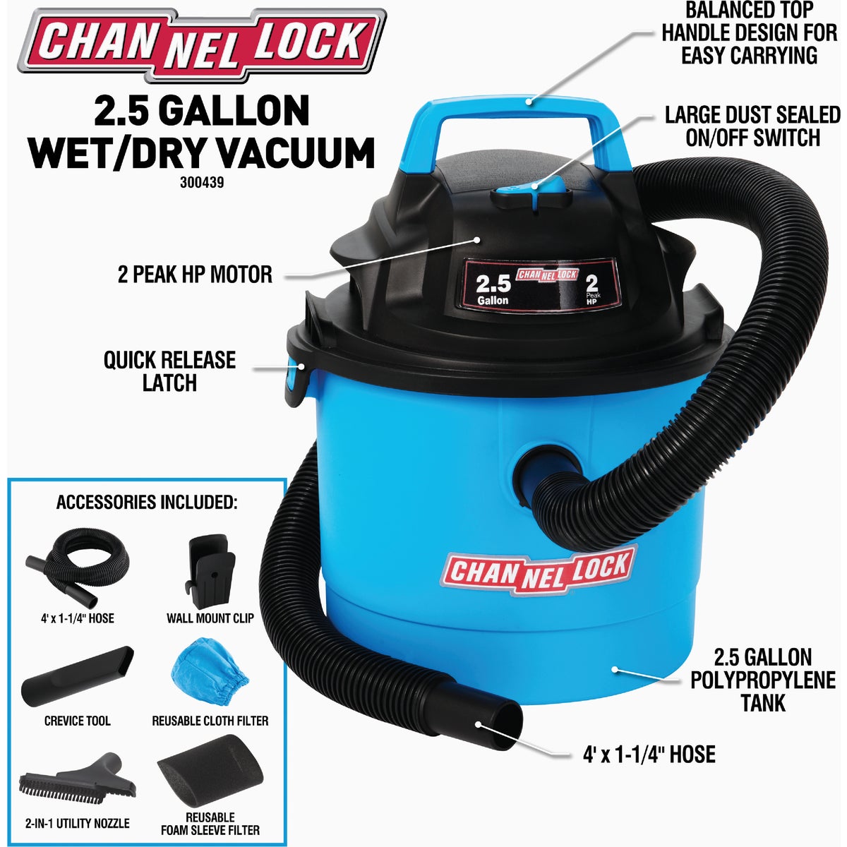 Channellock 2.5 Gal. 2.0-Peak HP Wet/Dry Vacuum Image 10