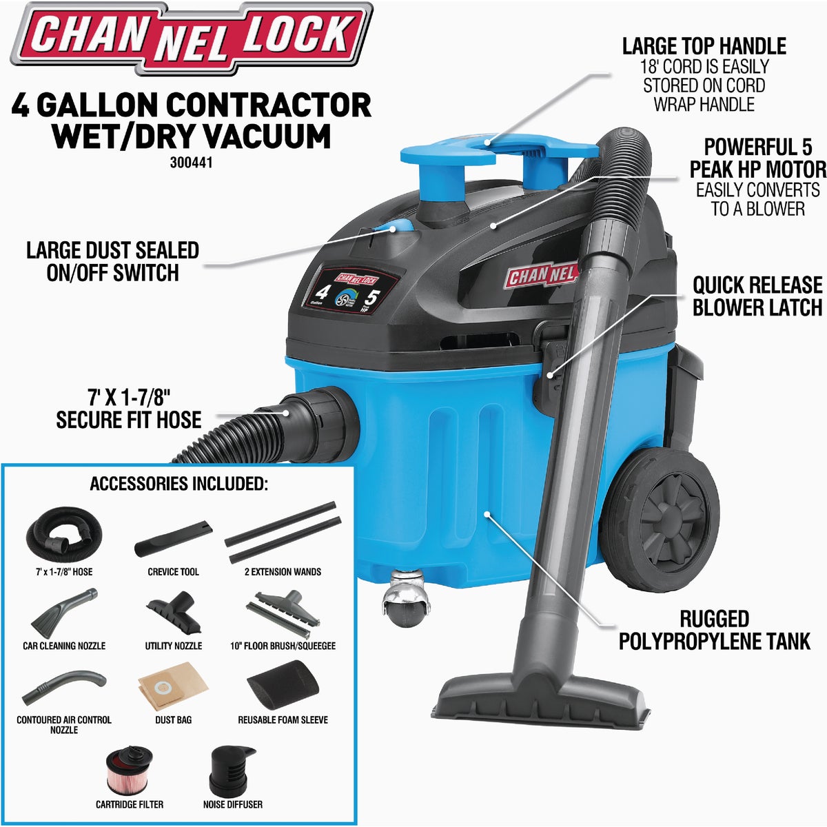 Channellock 4 Gal. 5.0-Peak HP Contractor Wet/Dry Vacuum Image 2