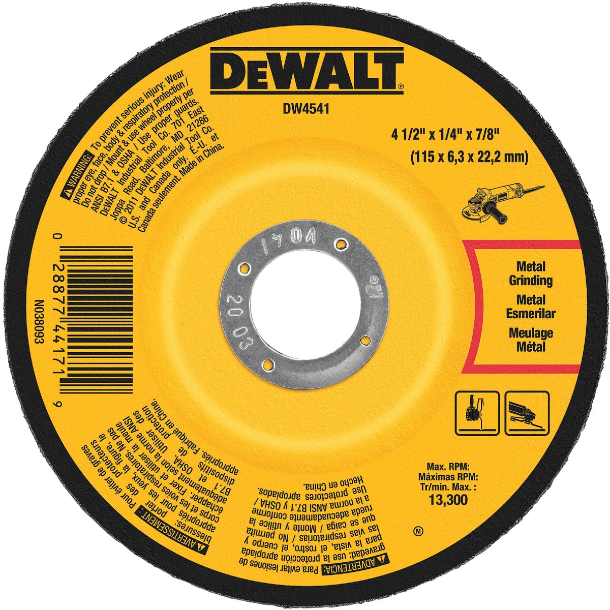 DEWALT HP Type 27 4-1 In. x 1/4 In. x 7/8 In. Metal/Stainless Grinding Cut-Off Wheel Image 1