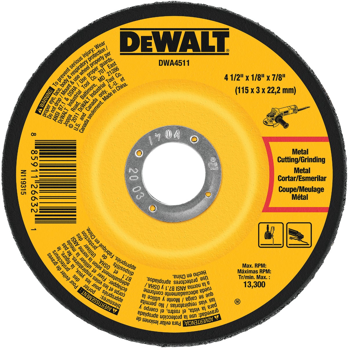 DEWALT HP Type 27 4-1/2 In. x 1/8 In. x 7/8 In. Metal/Stainless Grinding Cut-Off Wheel Image 1